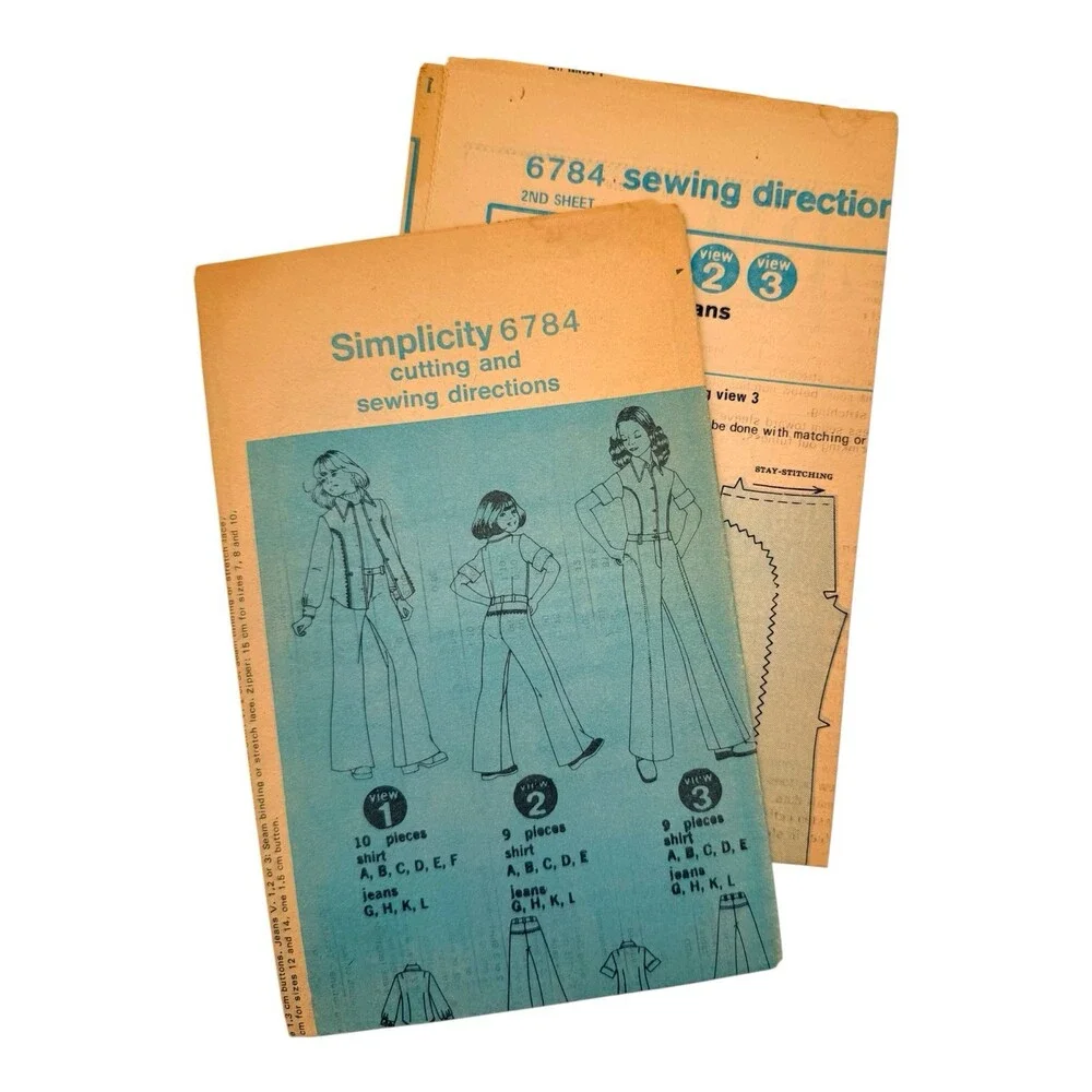 VTG 1974 Simplicity Sewing Pattern Girls Shirt & Boy-Cut Jeans Size 10 #6784